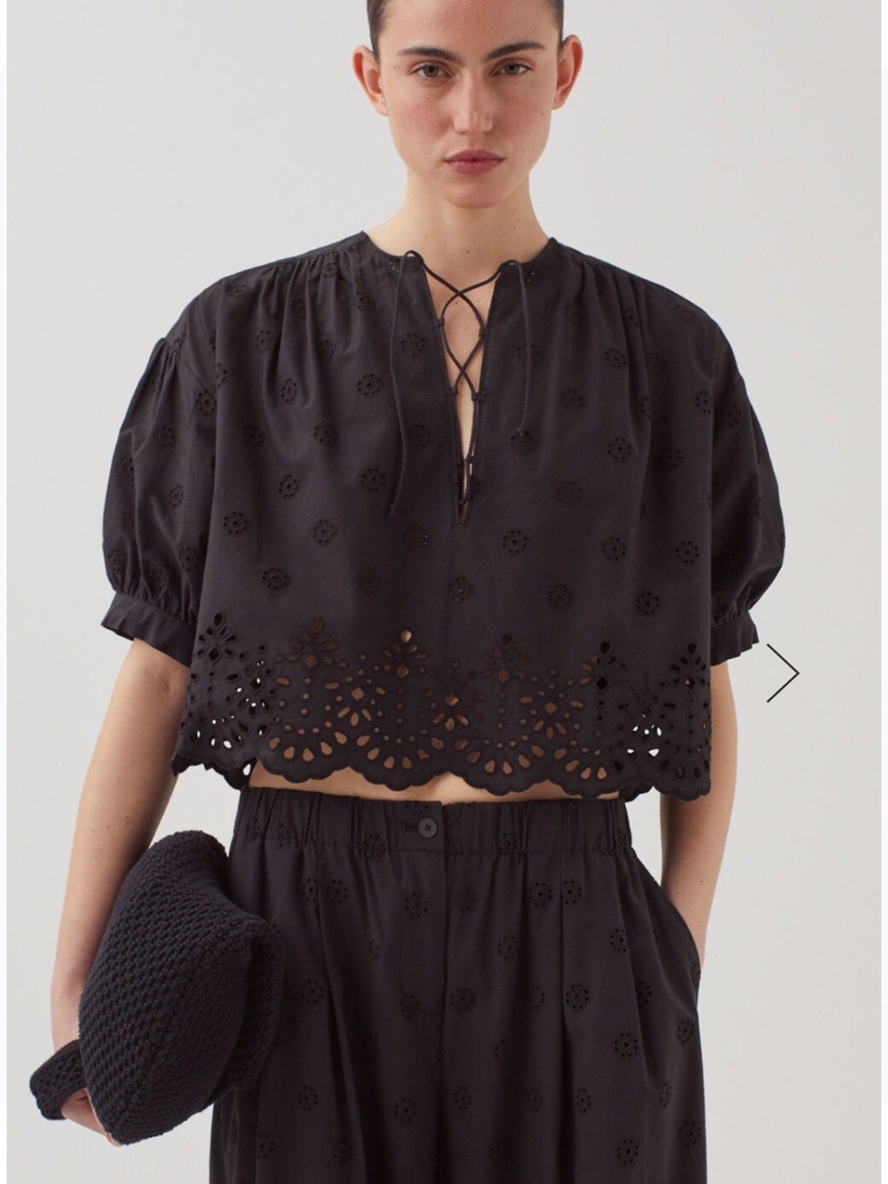 Comptoir Des Cotonniers Black Eyelet Lace-Trim Cropped Top - Picture 2 of 8